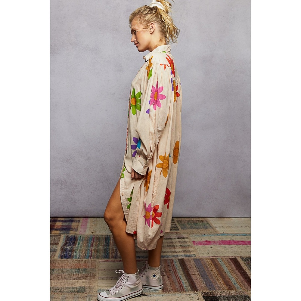 POL Floral Beaded Shirt Dress Long Sleeve‎ Midi Relaxed Fit Tan Multi SIZE M - Picture 5 of 7